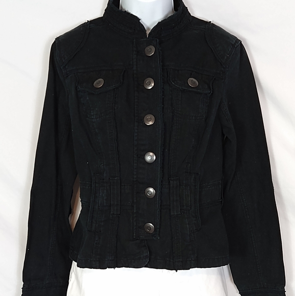 Women's Distressed Patch Black Denim Jacket Sz 11 - Picture 1 of 8
